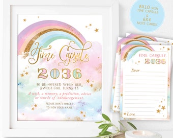 Peut inclure: Une affiche imprimable pour une capsule temporelle avec un design arc-en-ciel et des étoiles. L'affiche indique "Capsule temporelle 2036" et comprend des instructions pour remplir la capsule temporelle. L'affiche est encadrée dans un cadre blanc.