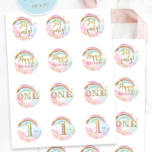 Rainbow Cupcake Toppers, Rainbow Birthday Invite, Magical Party decor, Unicorn Girl 1st Birthday, Summer Rainbow Party, Blush Pastel Gold image 2
