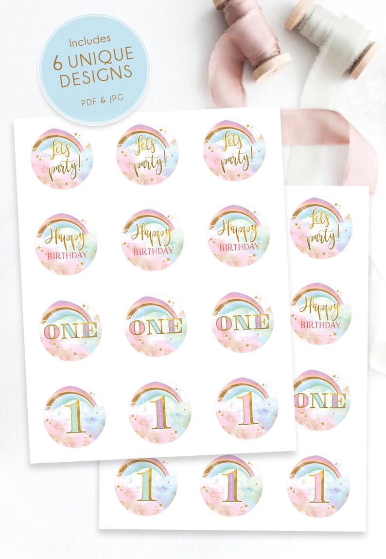 Rainbow Cupcake Toppers, Rainbow Birthday Invite, Magical Party decor, Unicorn Girl 1st Birthday, Summer Rainbow Party, Blush Pastel Gold image 2