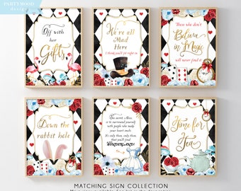 May include: Six printable Alice in Wonderland themed signs with black and white checkered backgrounds and gold accents. The signs feature various quotes from the book, including "Off with her gifts", "We're all Mad Here", "Those who don't Believe in Magic will never find it", "Down the rabbit hole", "The secret, Alice, is to surround yourself with people who make your heart smile. It's only then, only then, that you'll find Wonderland!" and "Time for Tea".