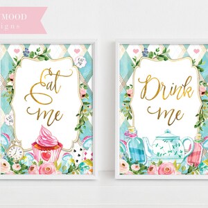 Alice In Wonderland Party Signs, Decor Onederland Girl&#39;s 1st Birthday Party Invitation, Mad Tea Party, Decoration Eat me Drink me party sign