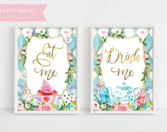 May include: Two Alice in Wonderland themed printable signs. The first sign has a blue and white checkered background with a cupcake and the text "Eat Me". The second sign has a blue and white checkered background with a teapot and the text "Drink Me".