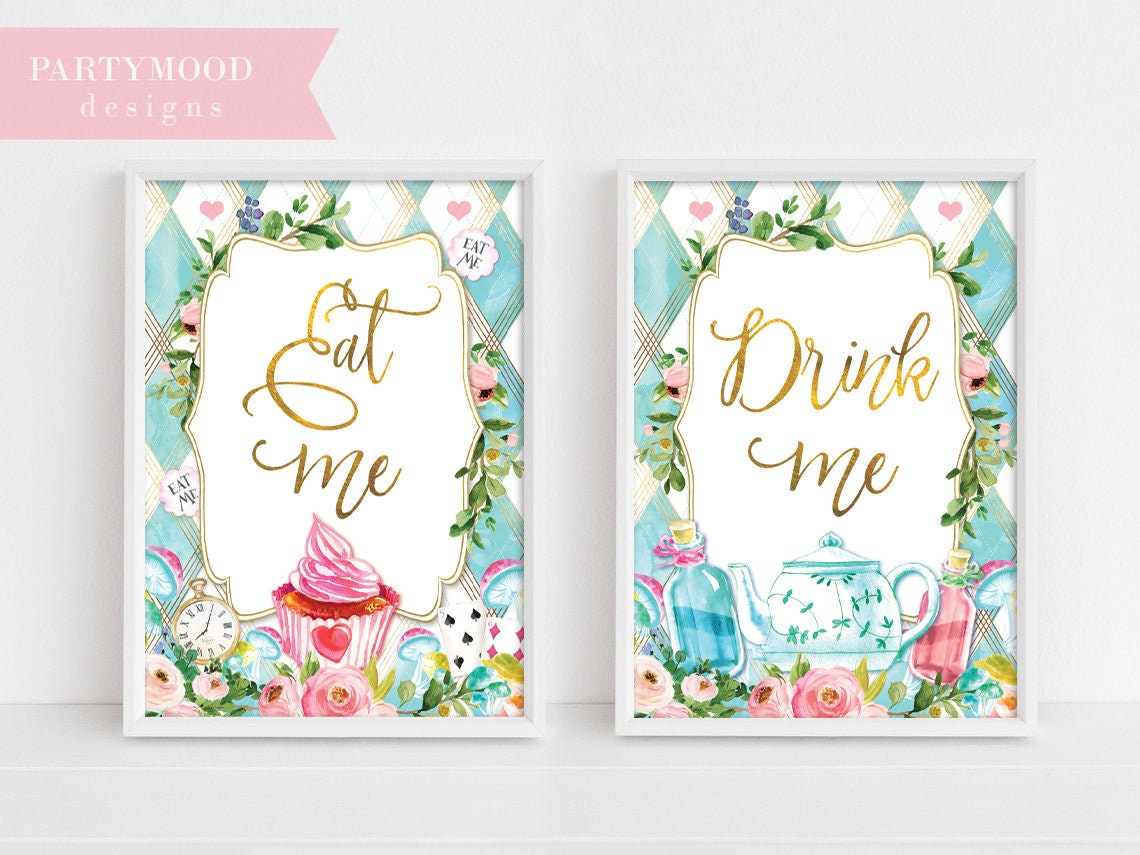 Alice In Wonderland Party Signs Decor Onederland Girls 1st Birthday Party Invitation Mad Tea Party Decoration Eat me Drink me