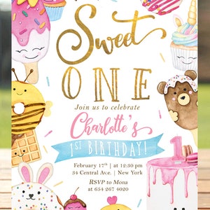 May include: A colorful invitation for a first birthday party with a sweet theme. The invitation features a variety of sweet treats, including donuts, cupcakes, and ice cream cones, all with cute faces. The text on the invitation reads "Sweet One" and "Join us to celebrate Charlotte's 1st Birthday!" with the date and time of the party, as well as the address and RSVP information.