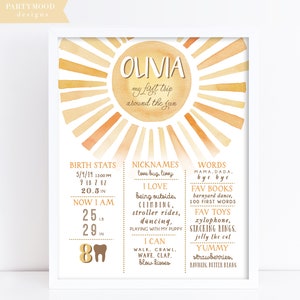 Poster della pietra miliare del sole, primo viaggio intorno alla pietra miliare del sole Tu sei il mio sole Boho Birthday Party Decor Girl Boy 1st Birthday, stampabile