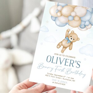 Teddy Bear Birthday Invitation Beary First Birthday Party Invite Boy ...