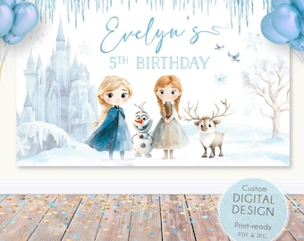 Frozen Birthday Backdrop, Editable Princess Elsa Party, Frozen Reception Wall Sign, Frozen Birthday Party, Watercolor Template ANY AGE CORJL