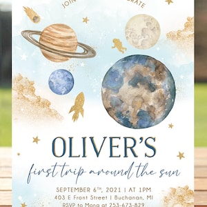 Outer Space Birthday Invitation, First Trip Around the Sun,  Editable Astronaut Invite, Galaxy Blast Off Boy 1st Birthday, Space, Printable