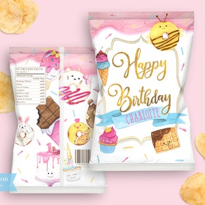 Candy Birthday Chip Bag, Sweet One, Chips Template, Candyland, Sweet Celebration, First 1st Birthday, Donut, Blush Pastel Gold, Printable
