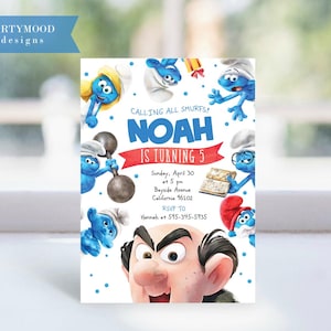 Könnte beinhalten: Eine farbenfrohe Geburtstagseinladung mit Schlümpfen und dem Text "CALLING ALL SMURFS! NOAH IS TURNING 5". Die Einladung enthält Datum, Uhrzeit und Ort der Party sowie einen RSVP-Kontakt.