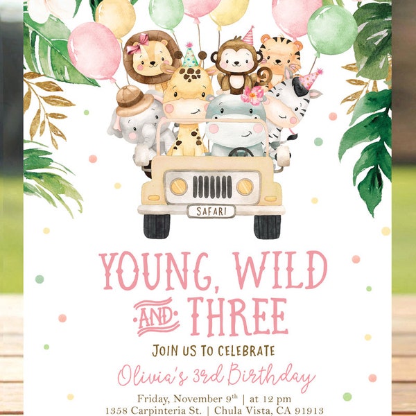 Young Wild and Three Birthday Invitation, Safari Animals, 3rd Birthday Invite Girl Invitation, Instant Download Printable, Editable Template