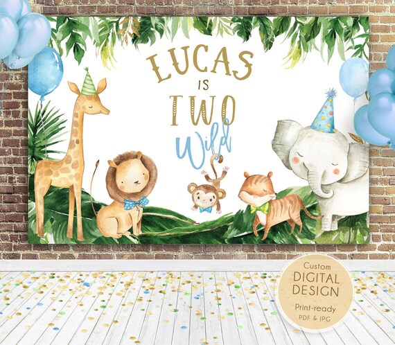 Personalised Jungle Animal Birthday Banner – Children's Party Decoration (Gold)