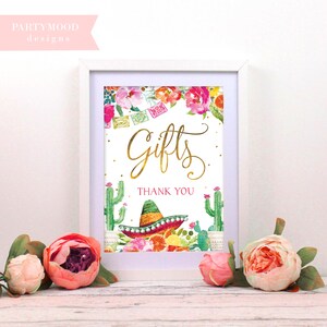Signe de carte et de cadeaux, signe de cadeaux, fête mexicaine Fiesta, décor, signe de nourriture, cactus floral, Bachelorette, cactus, douche nuptiale Let's Fiesta rose