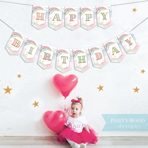 Rainbow Cupcake Toppers, Rainbow Birthday Invite, Magical Party decor, Unicorn Girl 1st Birthday, Summer Rainbow Party, Blush Pastel Gold image 10