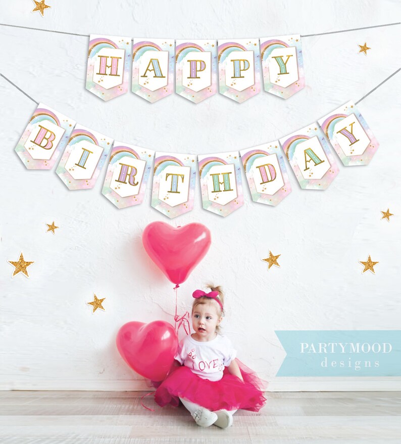 Rainbow Cupcake Toppers, Rainbow Birthday Invite, Magical Party decor, Unicorn Girl 1st Birthday, Summer Rainbow Party, Blush Pastel Gold image 10