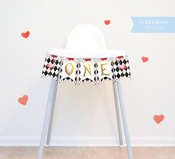 Alice In Wonderland First Birthday Banner - ONE High Chair Decor For Girl's Wonderland Party