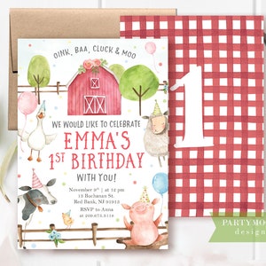 Invitation d'anniversaire d'animaux de ferme, invitation de premier anniversaire modifiable, basse-cour, invitation de ferme, animaux de fête, fête d'anniversaire de fille de garçon, IMPRIMABLE