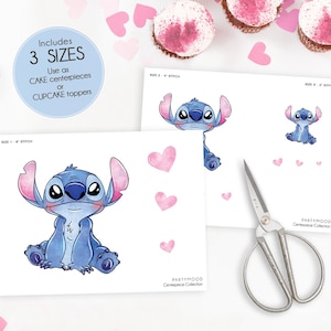 May include: Three white paper cutouts featuring the character Stitch from Lilo & Stitch, in various poses. Pink heart-shaped confetti and cupcakes with pink frosting are scattered around the cutouts. The text reads "Includes 3 SIZES" and "Use as CAKE centerpieces or CUPCAKE toppers."