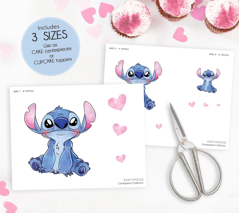 May include: Three white paper cutouts featuring the character Stitch from Lilo & Stitch, in various poses. Pink heart-shaped confetti and cupcakes with pink frosting are scattered around the cutouts. The text reads "Includes 3 SIZES" and "Use as CAKE centerpieces or CUPCAKE toppers."
