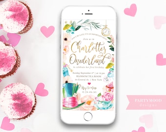 May include: A digital invitation for a first birthday party with a whimsical Alice in Wonderland theme. The invitation features a watercolor illustration of a teacup, teapot, and a Mad Hatter's hat. The text reads "Don't be late, it's an important date! Join us in Charlotte's Onederland to celebrate her first birthday. Sunday, September 3rd at 12 pm. Blossom Tea Room, 34 Central Ave. New York. RSVP to Mom at 234-456-345."