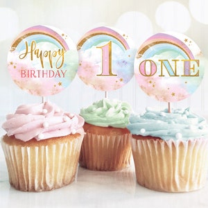Rainbow Cupcake Toppers, Rainbow Birthday Invite, Magical Party decor, Unicorn Girl 1st Birthday, Summer Rainbow Party, Blush Pastel Gold image 1