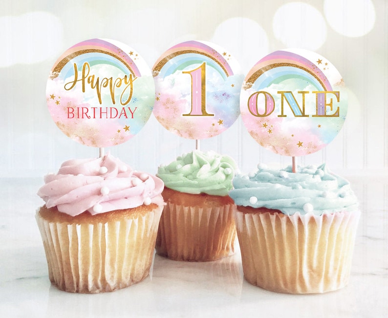 Rainbow Cupcake Toppers, Rainbow Birthday Invite, Magical Party decor, Unicorn Girl 1st Birthday, Summer Rainbow Party, Blush Pastel Gold image 1