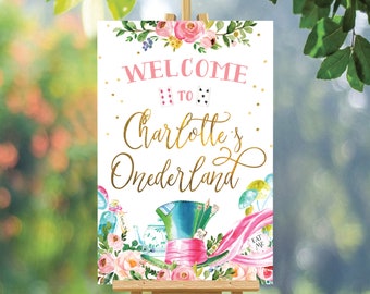 Alice In Wonderland Welcome Sign, Onederland Girl&#39;s 1st Birthday Party Invitation, Baby Shower, Mad Tea Party, First Birthday, Welcome sign