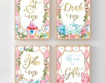May include: Four printable signs with a pink and white checkered background and gold text. The signs say "Eat Me", "Drink Me", "Take Me", and "Off with her Gifts". Each sign has a floral border and features illustrations from Alice in Wonderland.