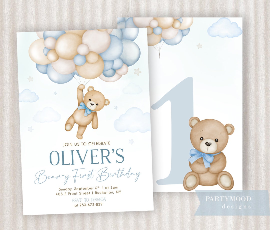 Teddy Bear Birthday Invitation Beary First Birthday Party Invite Boy ...