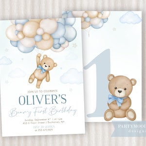 Invitation d'anniversaire ours en peluche premier anniversaire de Beary, invitation garçon 1er ballon à air chaud bohème bleu modèle MODIFIABLE, téléchargement immédiat
