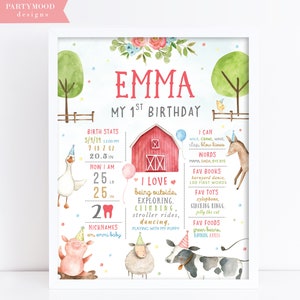 Affiche de jalon de ferme, infographie de bébé, animaux de ferme, fête d'anniversaire de fille, décorations de ferme de basse-cour, animaux de fête, imprimable imprimable