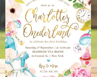 Alice In Wonderland Invitation, Onederland Girl's 1st Birthday Party Invitation, Mad Tea Party, First Birthday Invite, ANY AGE, Printable