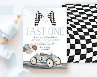 Fast One Racing Car First Birthday Invitation 1st Birthday Invite Racing Car Vintage Racecar Invitation Printable Template Instant Download