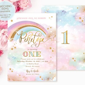Rainbow Cupcake Toppers, Rainbow Birthday Invite, Magical Party decor, Unicorn Girl 1st Birthday, Summer Rainbow Party, Blush Pastel Gold image 3