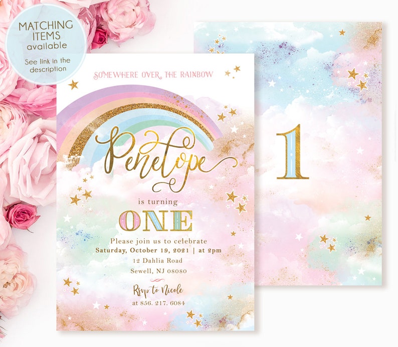 Rainbow Cupcake Toppers, Rainbow Birthday Invite, Magical Party decor, Unicorn Girl 1st Birthday, Summer Rainbow Party, Blush Pastel Gold image 3