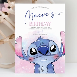Sjabloon steek verjaardagsuitnodiging, bewerkbare steek cartoon verjaardagsfeestje, leuk ontwerp voor kinderfeest, direct downloaden, afdrukbaar