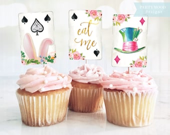 Alice In Wonderland Cupcake Toppers, Centerpieces, Onederland Girl 1st Birthday Party, Mad Hatter Tea Party, Round Labels, Digital Printable