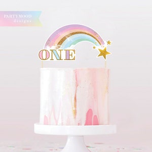 Rainbow Cupcake Toppers, Rainbow Birthday Invite, Magical Party decor, Unicorn Girl 1st Birthday, Summer Rainbow Party, Blush Pastel Gold image 5