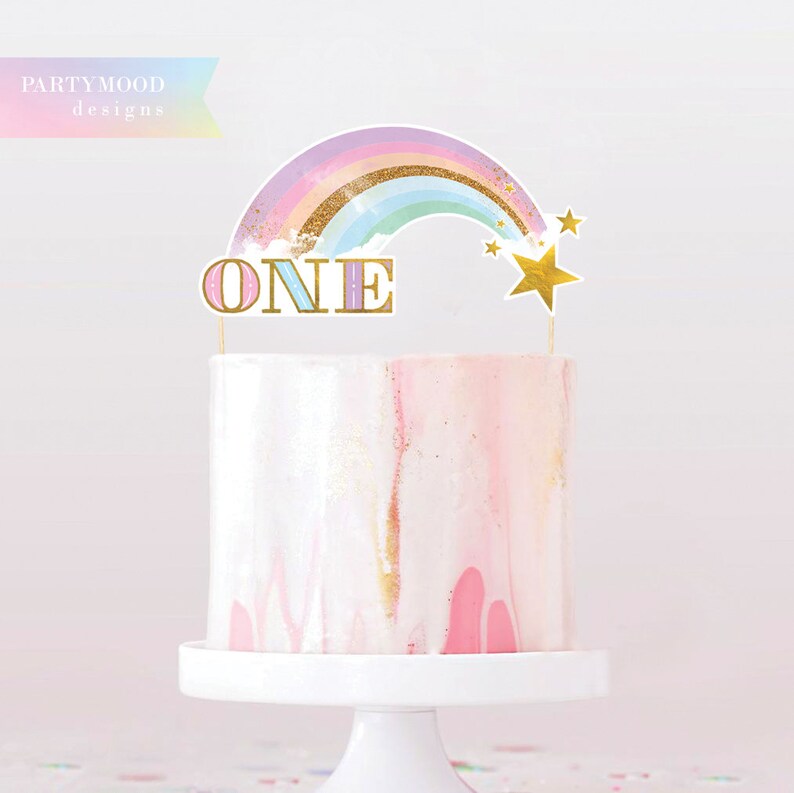 Rainbow Cupcake Toppers, Rainbow Birthday Invite, Magical Party decor, Unicorn Girl 1st Birthday, Summer Rainbow Party, Blush Pastel Gold image 5