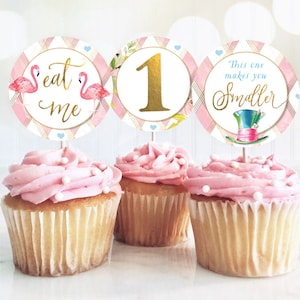 Alice In Wonderland Cupcake Toppers, Onederland, Girl 1st Birthday Party Invitation, Mad Hatter Tea Party, Round Labels, Digital Printable