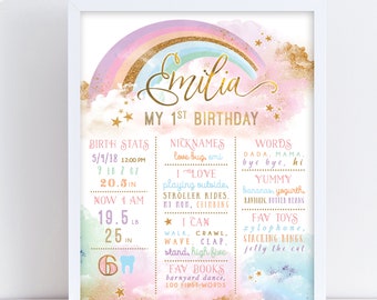 May include: A pastel rainbow with gold glitter accents and stars on a watercolor background. The text "Emilia My 1st Birthday" is in gold glitter. The poster includes details about the child's birth stats, nicknames, favorite things, and words.