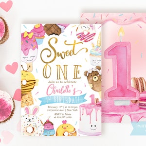 May include: A pink and white invitation for a first birthday party with a sweet theme. The invitation features a watercolor illustration of a cake, donuts, ice cream, and other sweets. The text on the invitation reads "Sweet One" and "Join us to celebrate Charlotte's 1st Birthday!"
