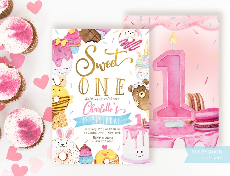 May include: A pink and white invitation for a first birthday party with a sweet theme. The invitation features a watercolor illustration of a cake, donuts, ice cream, and other sweets. The text on the invitation reads "Sweet One" and "Join us to celebrate Charlotte's 1st Birthday!"