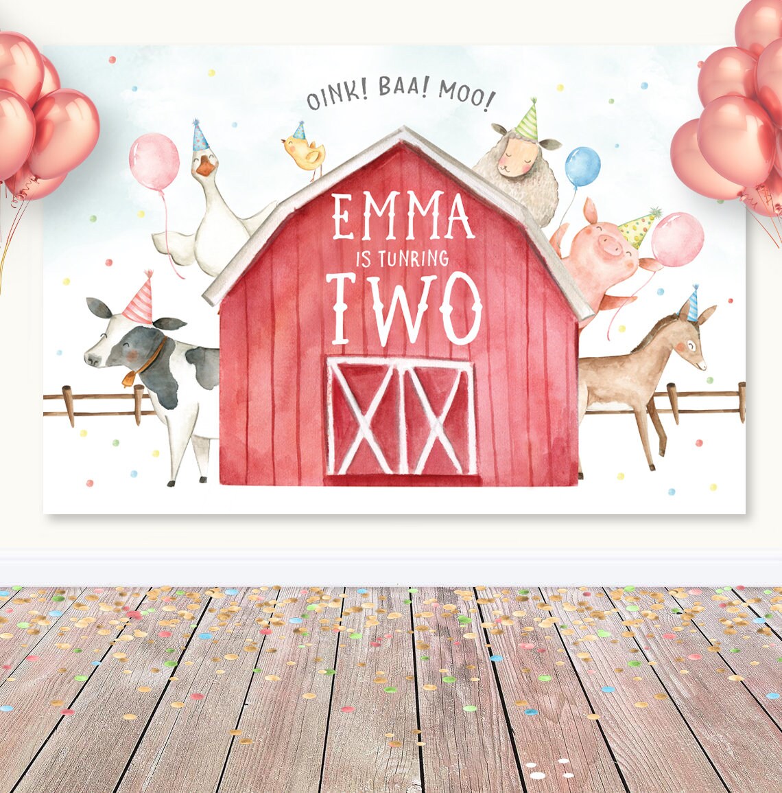 Banner per sfondo di compleanno con fattoria, animali da fienile, decorazioni per feste di compleanno per bambine, 1° e 2° compleanno, animali da