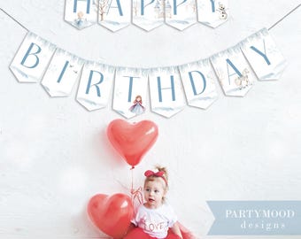 Frozen Happy Birthday Banner, HBD, Princess Elsa, Girl Birthday Party, Girl Birthday, Frozen Decorations, Princess PRINTABLE