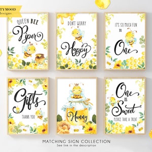 Letreros de cumpleaños de abeja, juego de 6, letrero divertido, Nuestra pequeña abejita, fiesta de cumpleaños para niñas, temática del Día de las Abejas, primer cumpleaños, imprimible 013