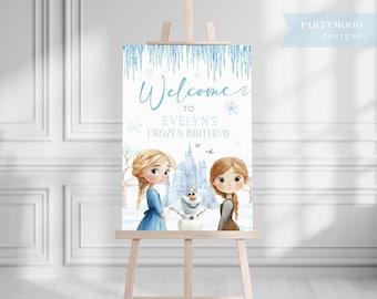 Letrero de bienvenida de cumpleaños de Frozen, fiesta de princesa Elsa editable, letrero de bienvenida de Frozen, fiesta de cumpleaños de Frozen, plantilla de acuarela, CUALQUIER EDAD, CORJL