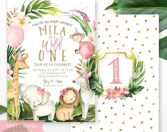 Wild One Safari Girl Birthday Invitation, Girls invite, Safari animals Birthday Invite, Summer Invitation, Tropical Lion Elephant Pink Corjl