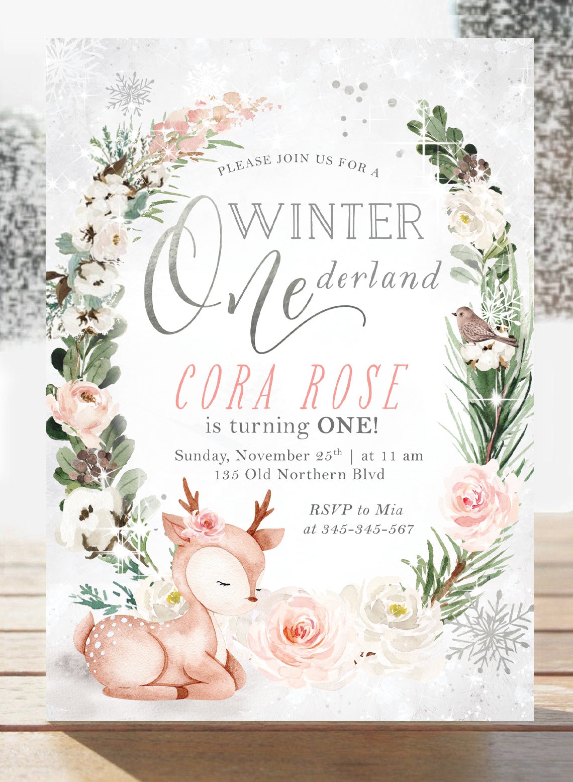 Editable Winter ONEderland Deer Girl Birthday Invitation Woodland Winter Forest Wonderland Party Snowflake 1st Birthday