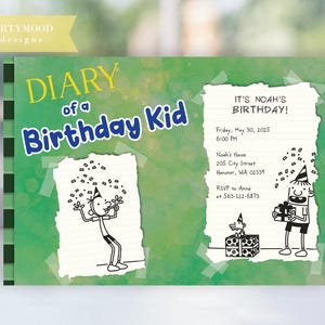 May include: A birthday party invitation with a green background and the text "DIARY of a Birthday Kid". The invitation includes illustrations of cartoon characters and party details: date, time, location, and RSVP information.